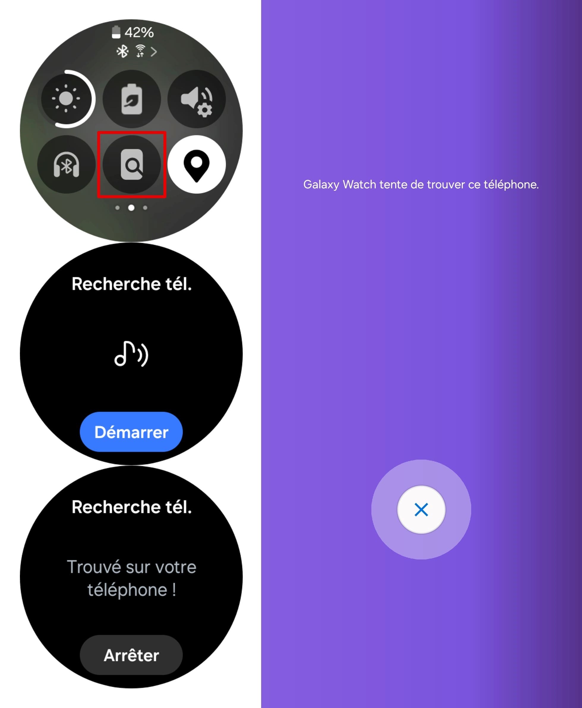 Sur la montre, ouvrez le rideau du menu puis sélectionnez l’icône de Find My Phone.