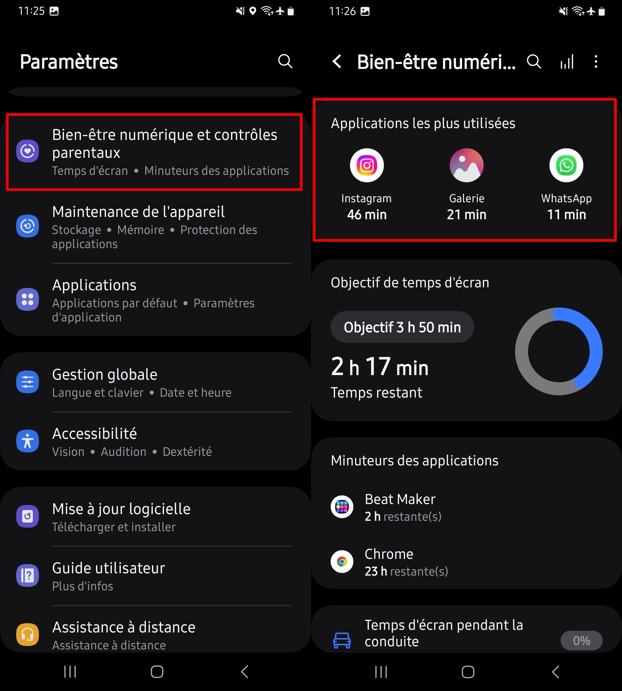 Allez dans le menu du Bien-être numérique et contrôle parental - Section des applications les plus utilisées.