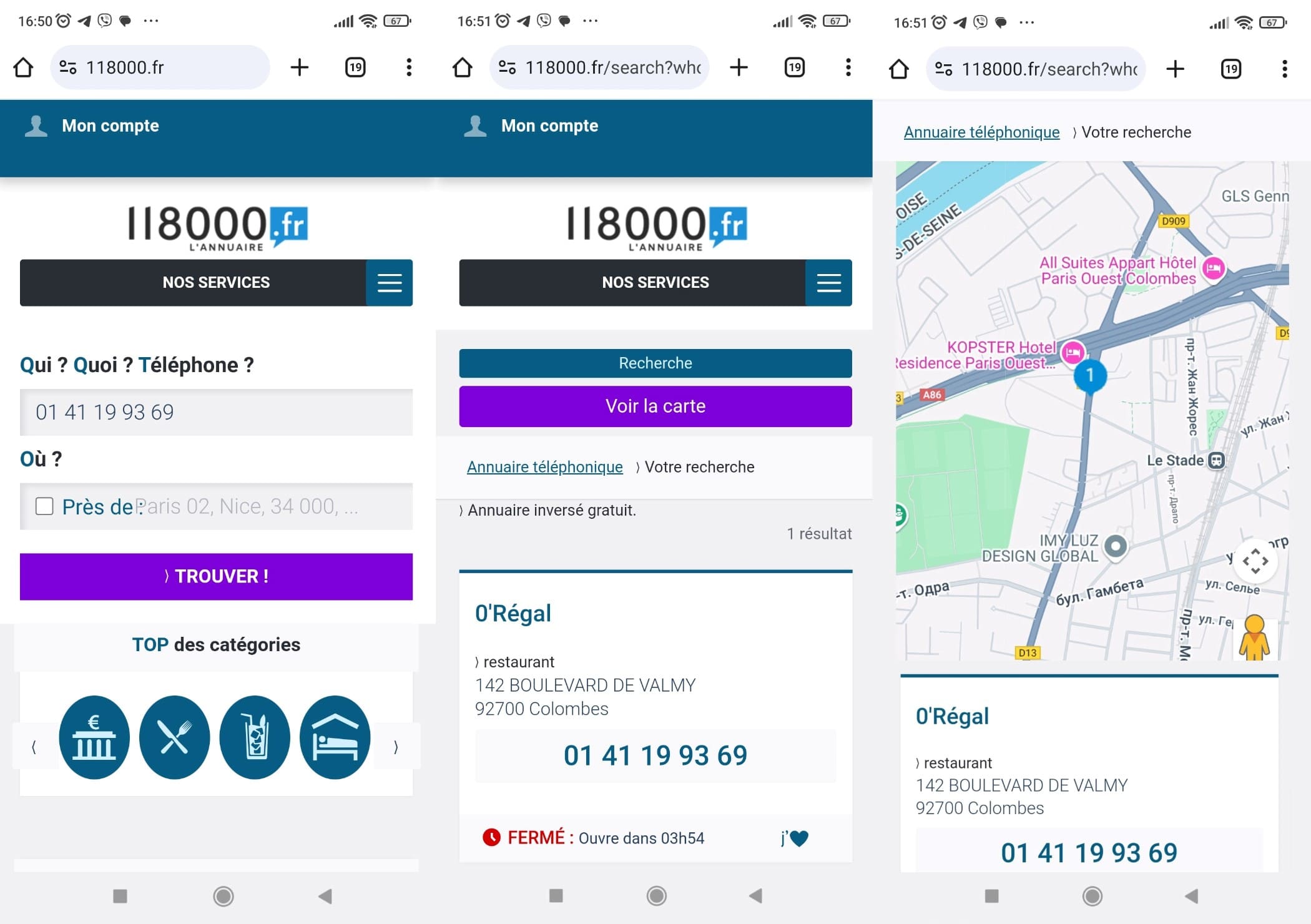 Tapez le numéro de téléphone dans le champ de recherche et obtenez les résultats : type et nom de l’entreprise, adresse et localisation sur la carte.