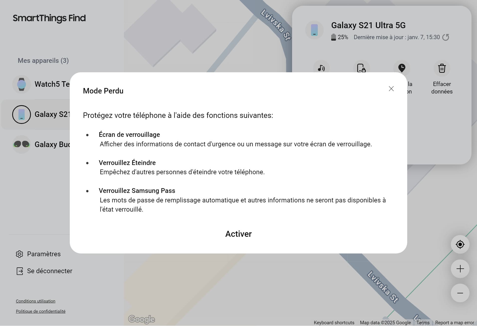 Écran du mode Perdu avec des options pour verrouiller l'écran, bloquer l'extinction de l'appareil et sécuriser Samsung Pass.