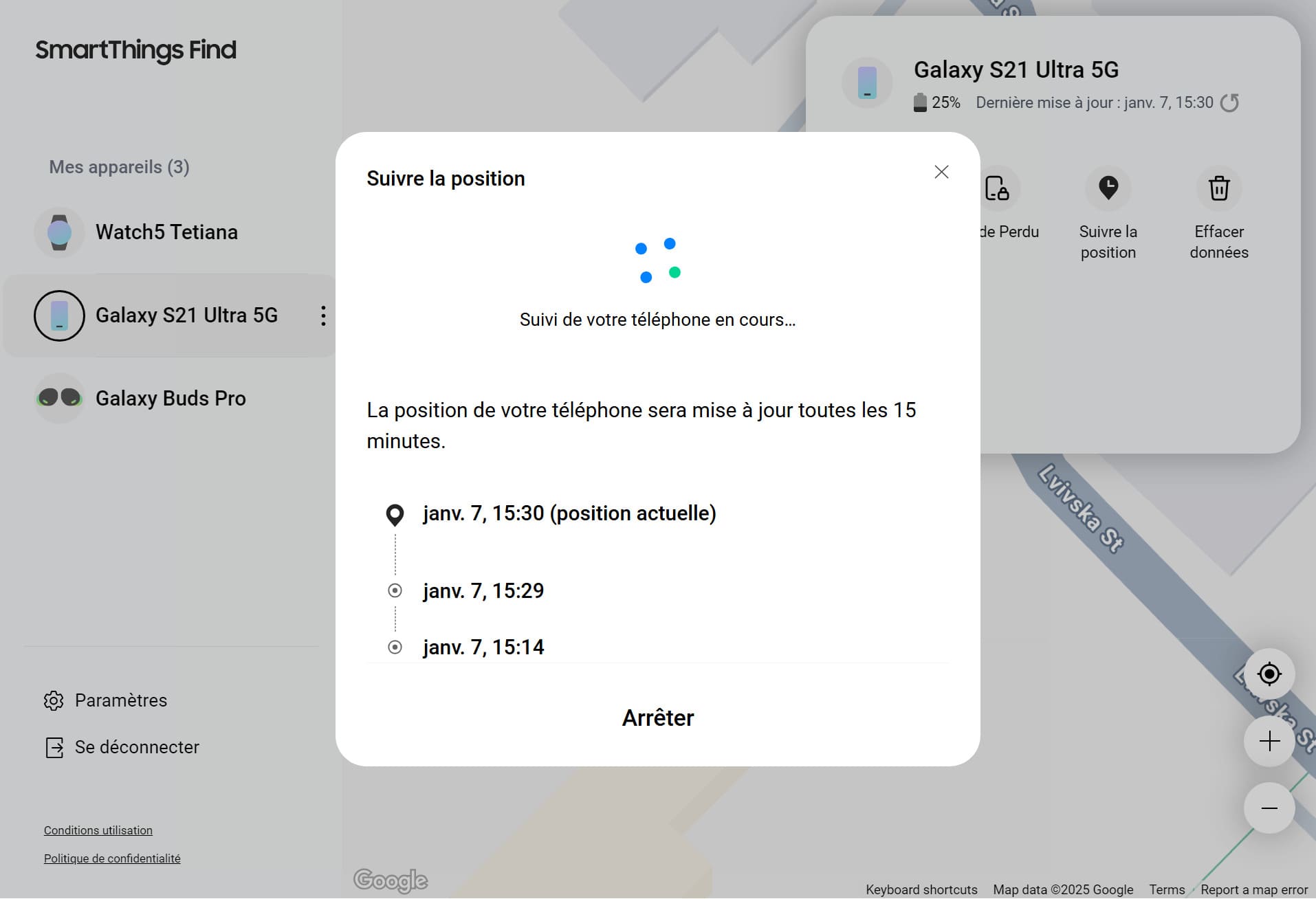 Le suivi de localisation montre où le téléphone a été toutes les 15 minutes et affiche les déplacements sur la carte.