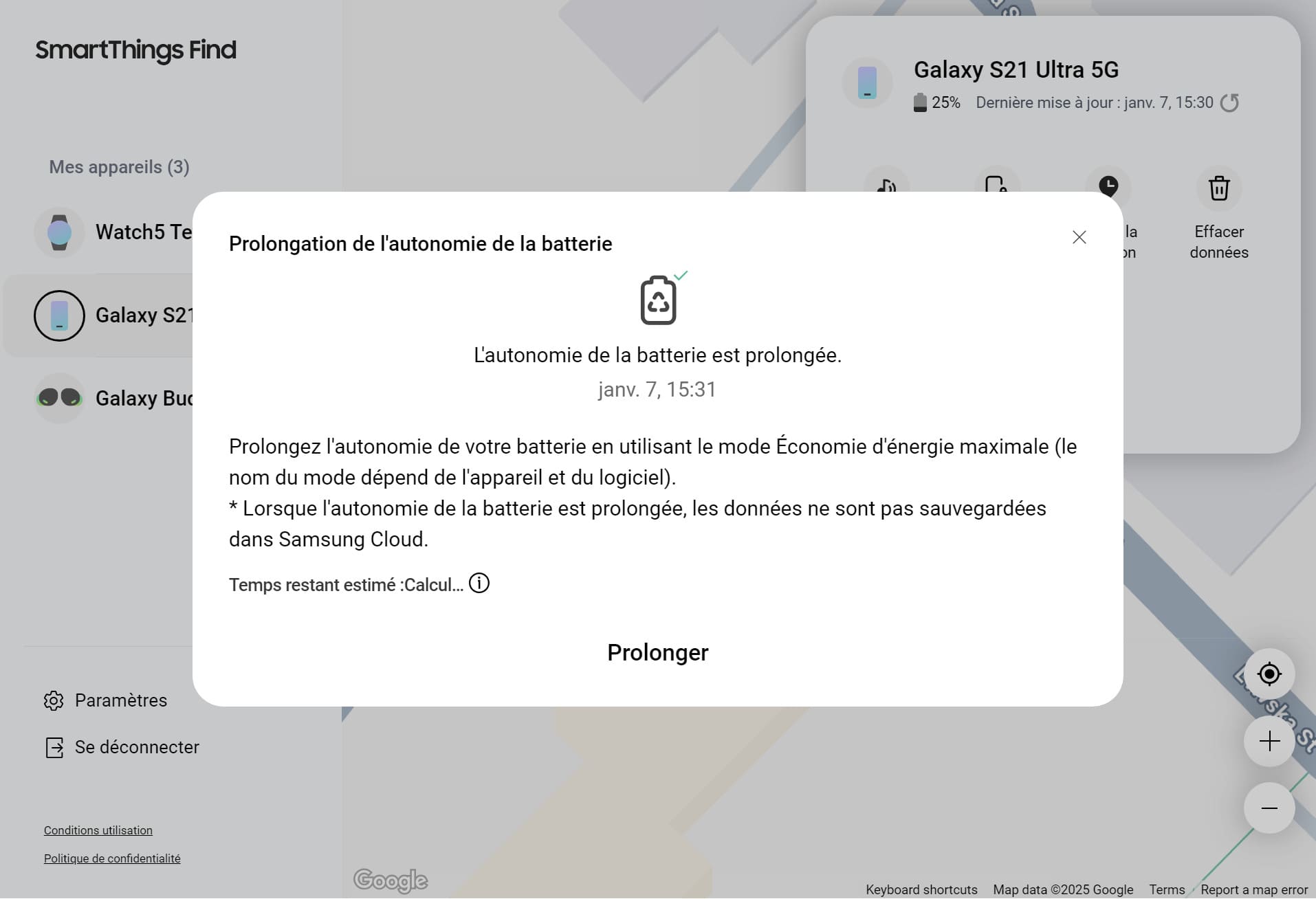 Le bouton Prolonger l'autonomie de la batterie met le téléphone en mode économie, prolonge son temps de fonctionnement et affiche le temps de fonctionnement estimé.