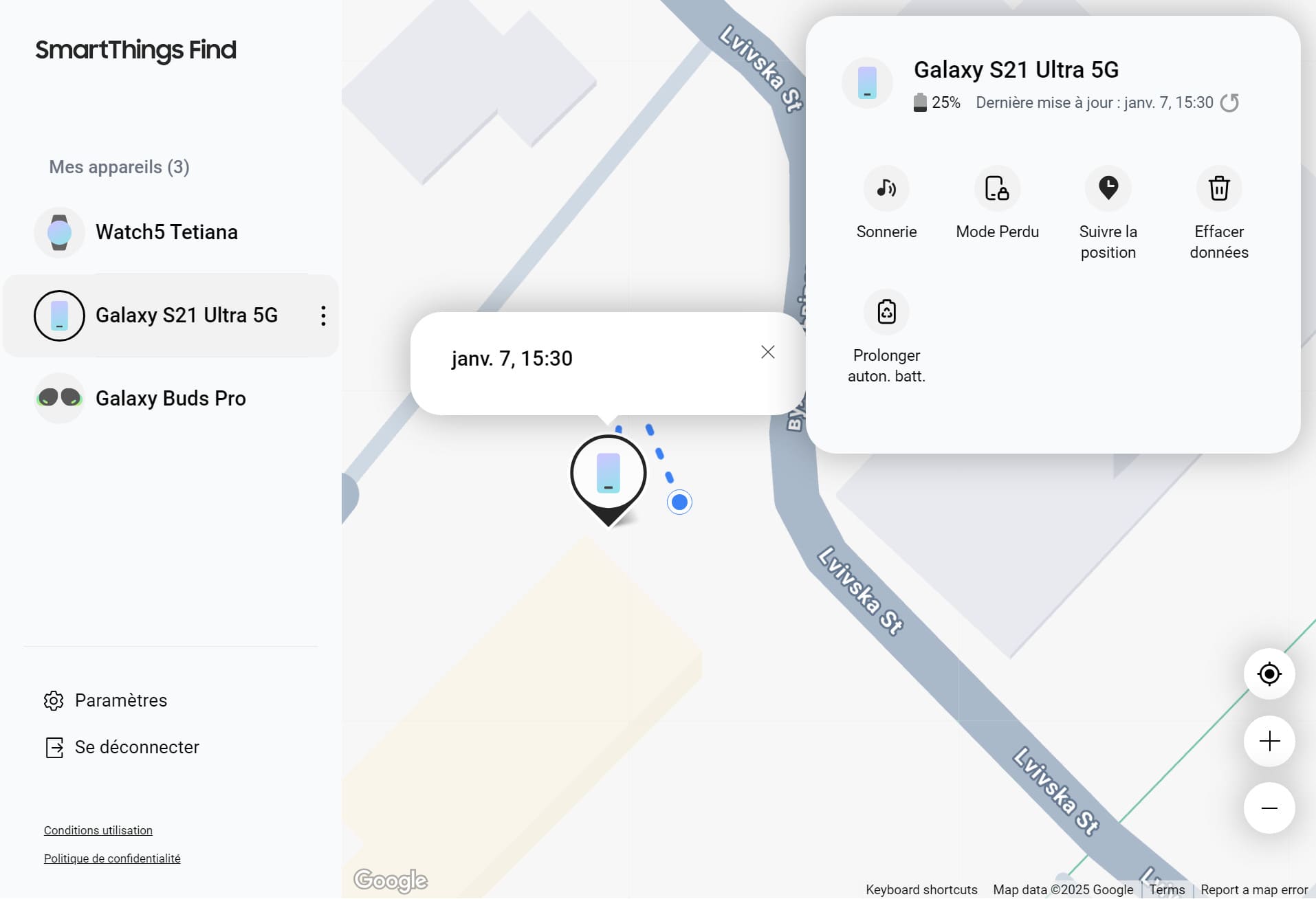 Sur cette page, vous pouvez voir tous les appareils Samsung et les actions que vous pouvez effectuer : Sonnerie, Mode perdu, Suivi de localisation, Effacer les données, Prolonger l'autonomie de la batterie.