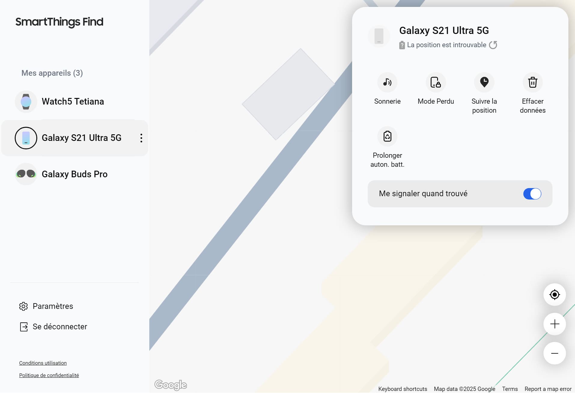 Les fonctions que vous pouvez effectuer dans SmartThings Find lorsque votre téléphone est éteint incluent « Me notifier lorsqu'il est retrouvé ».