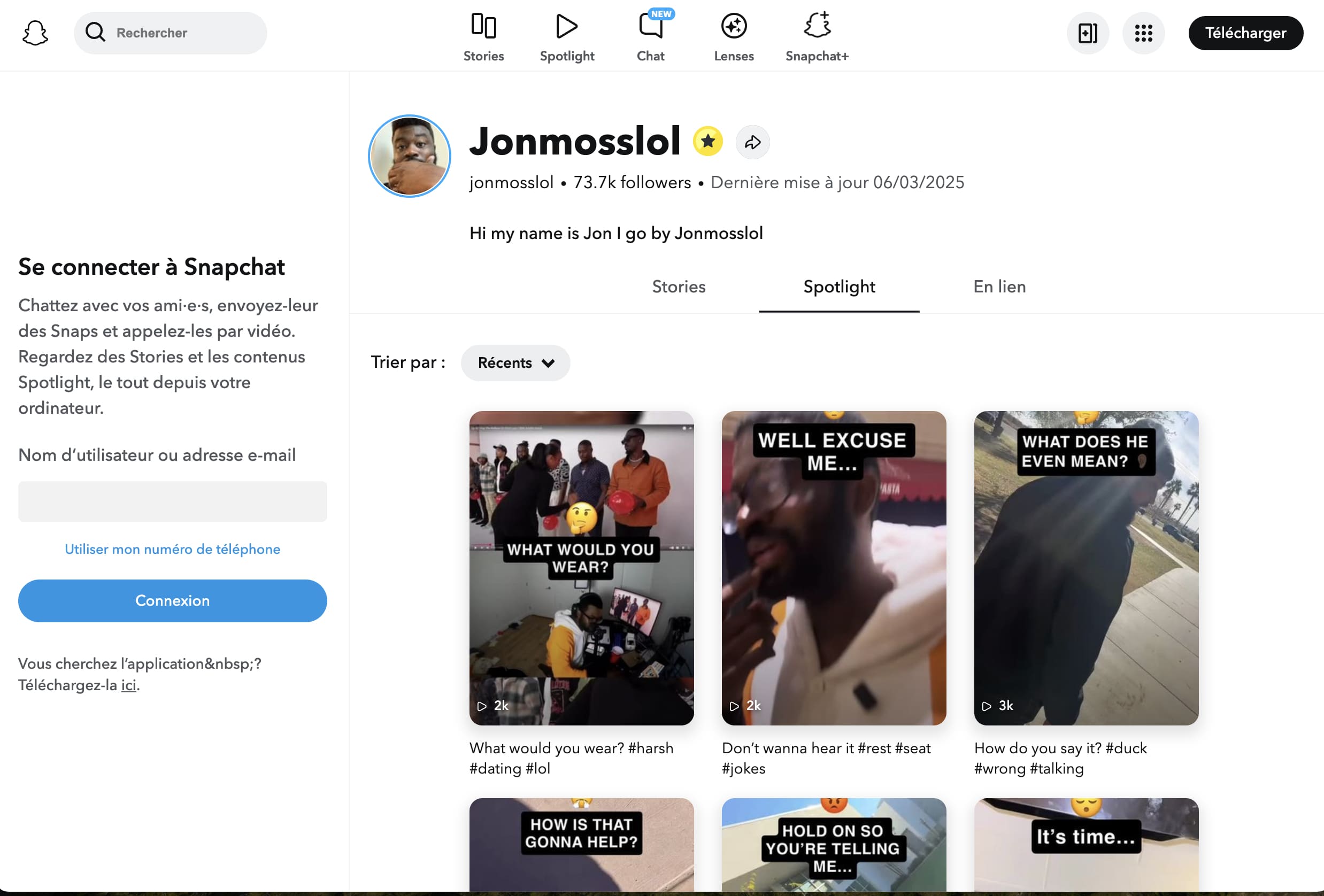 vignettes de stories de comptes publics sur la version web de Snapchat