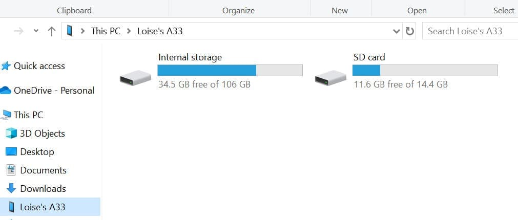 Cliquez sur le nom de l’appareil - stockage interne.