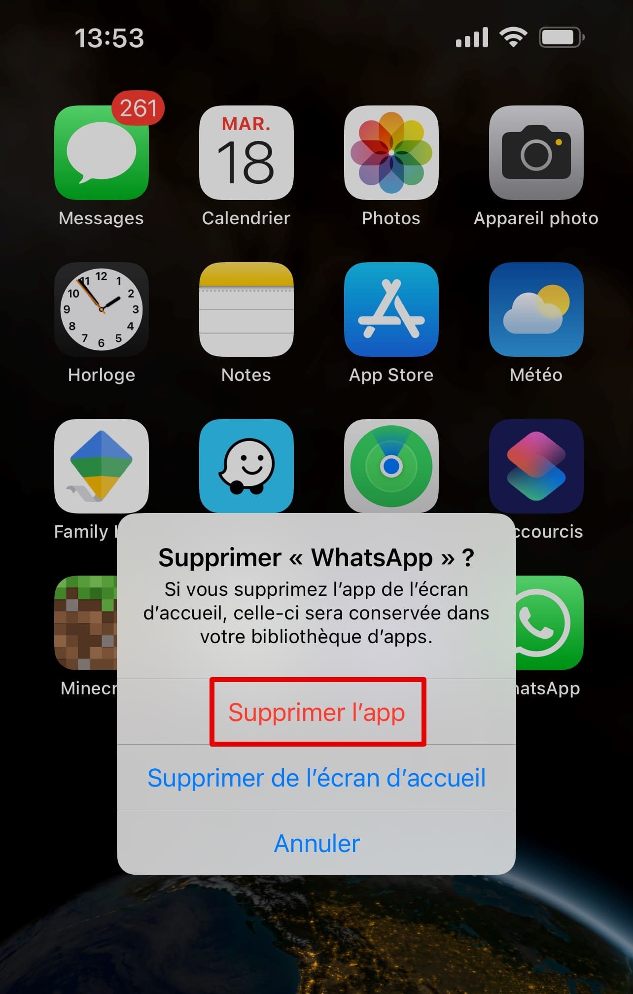 Désinstallation de l’application en cliquant sur l’icône.