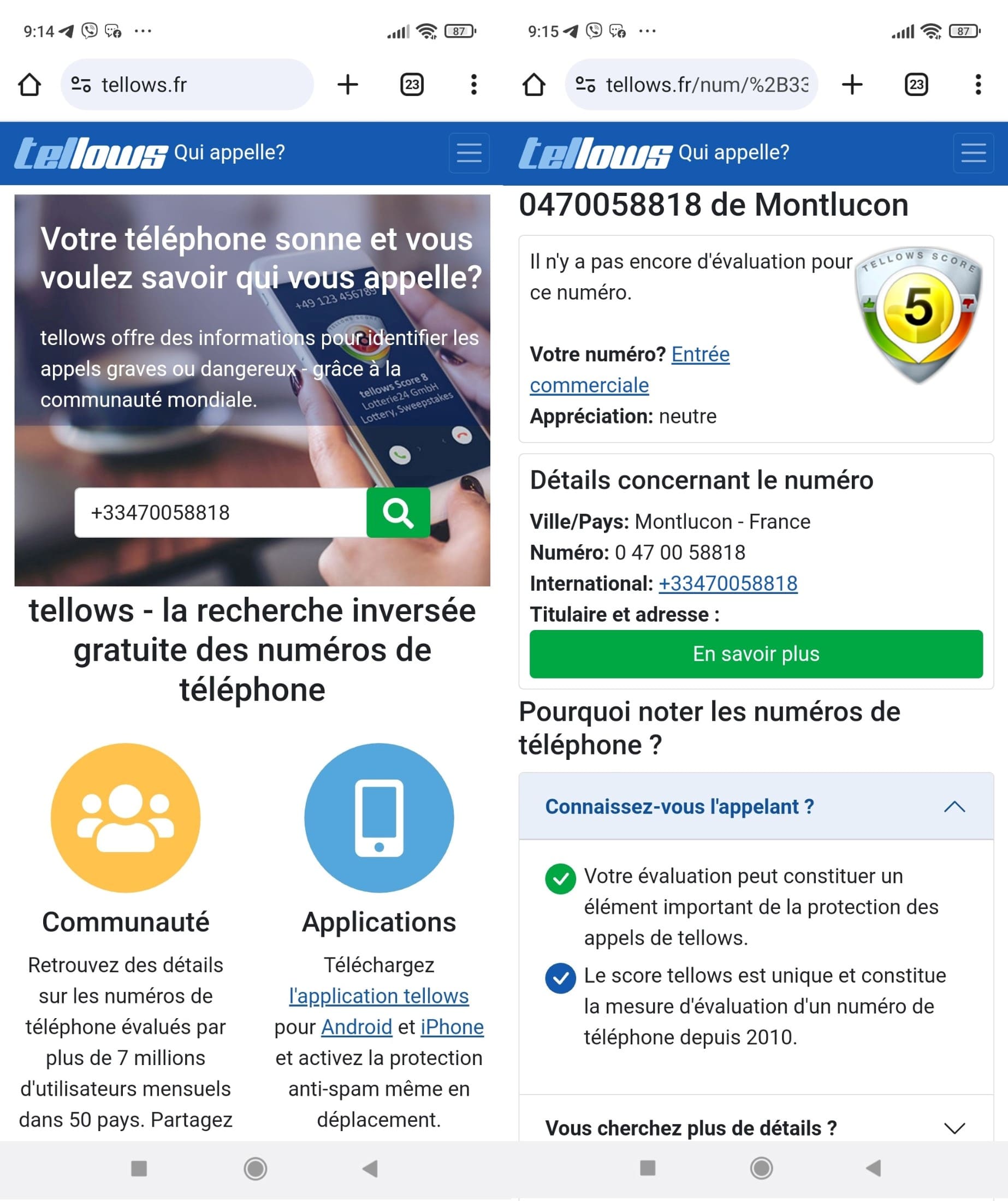 Saisie du numéro de téléphone dans le champ de recherche et affichage des résultats.