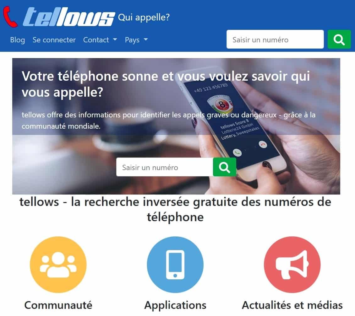 Page d'accueil de Tellows avec le champ de recherche pour entrer le numéro de téléphone et les fonctionnalités principales.