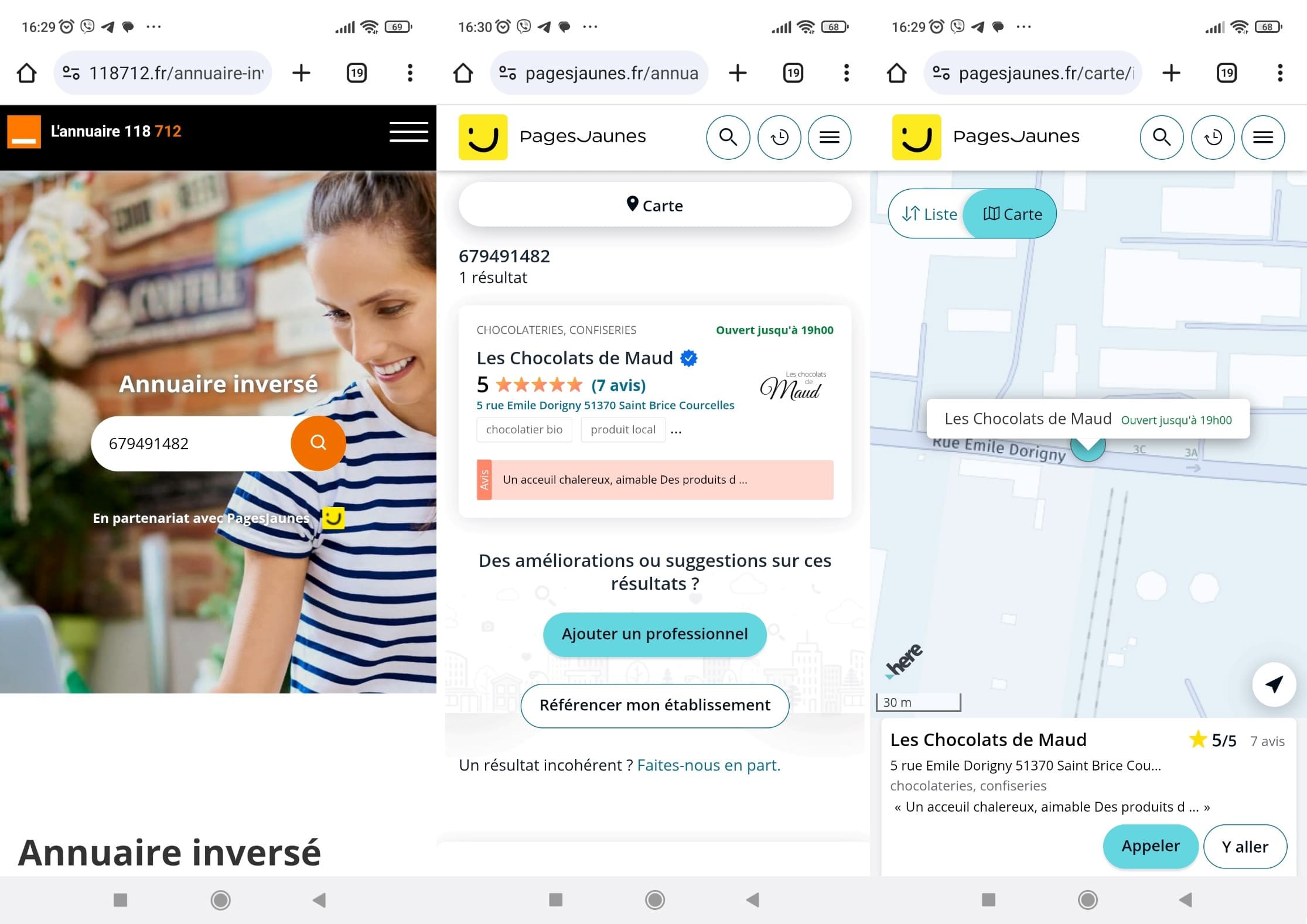 Après avoir saisi un numéro de téléphone dans le champ de recherche 118712, les résultats sont affichés sur Pages Jaunes : le nom de l'entreprise, son adresse et sa localisation sur la carte.