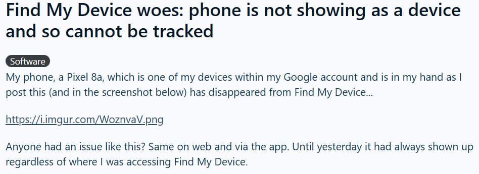 Commentaire d’une personne sur Reddit à propos de la disparition d’un téléphone égaré sur Localiser mon appareil.