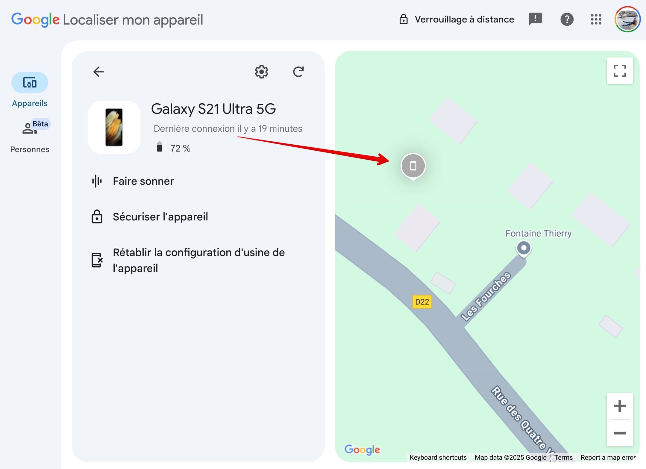 Localiser mon appareil montrant la dernière localisation lorsque le téléphone est éteint.