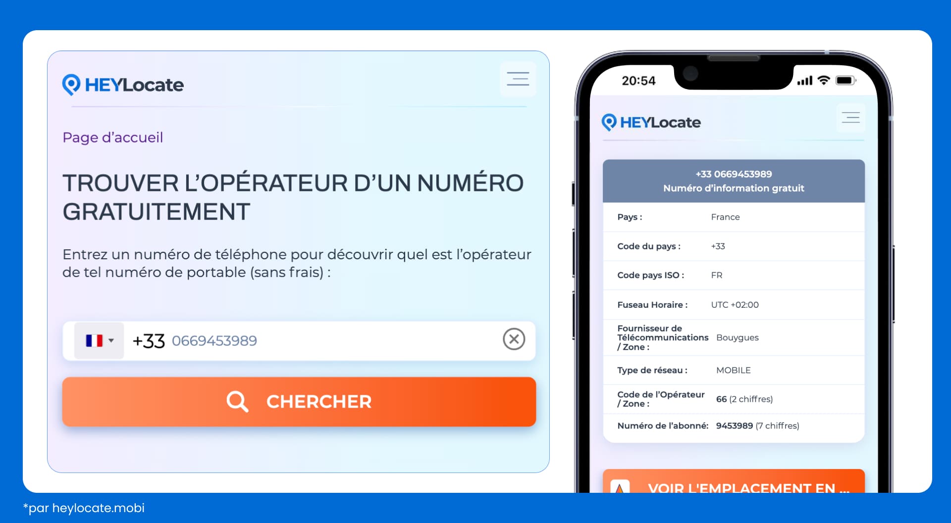 Champ de saisie du numéro et résultat de recherche, incluant le pays, l'indicatif du pays, le fuseau horaire, l'opérateur/la zone, le réseau et le type d'opérateur ou l'indicatif régional.
