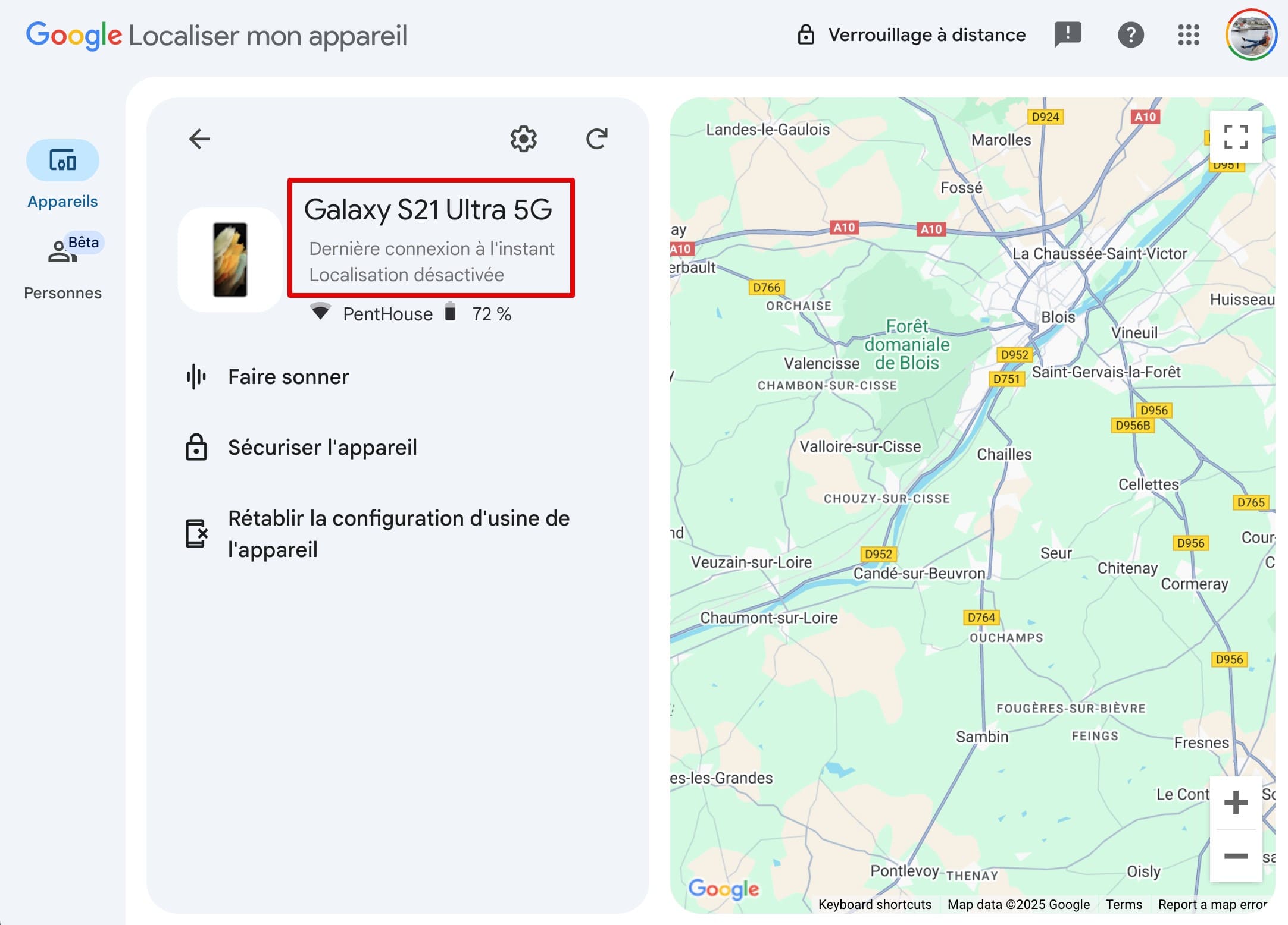 Localiser mon appareil qui indique que la localisation du téléphone est désactivée.