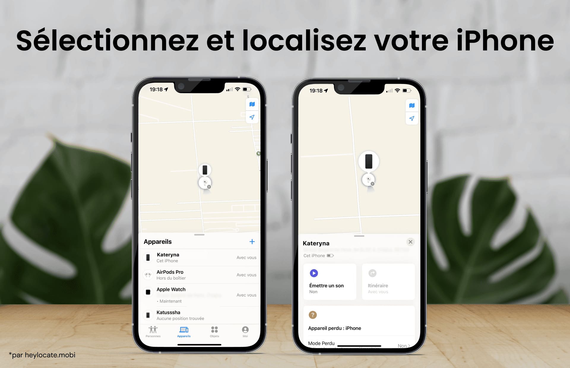 Sélectionnez l’appareil et les fonctionnalités Jouer un son, Itinéraire et Notifications sur l’application Localiser.