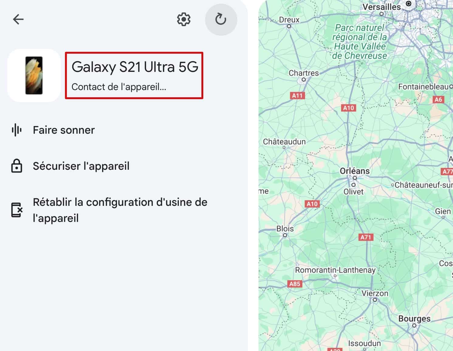 Localiser mon appareil indiquant qu’il essaie de contacter l’appareil lorsque le Wi-Fi est désactivé.