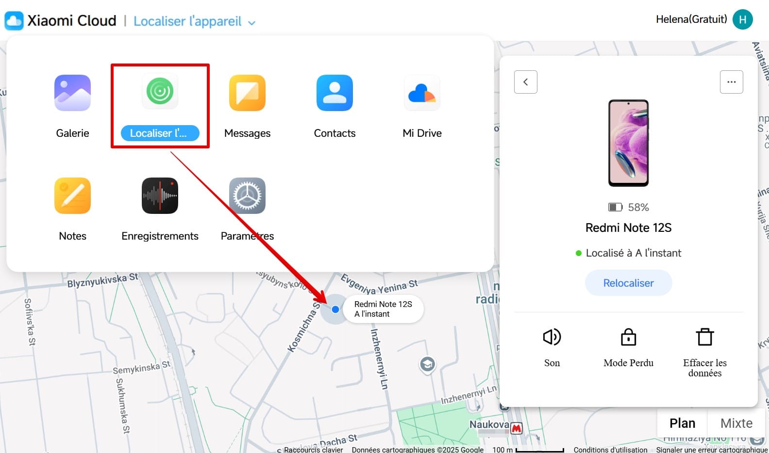 Une image de Mi Find Device indiquant l'emplacement d'un téléphone Redmi perdu