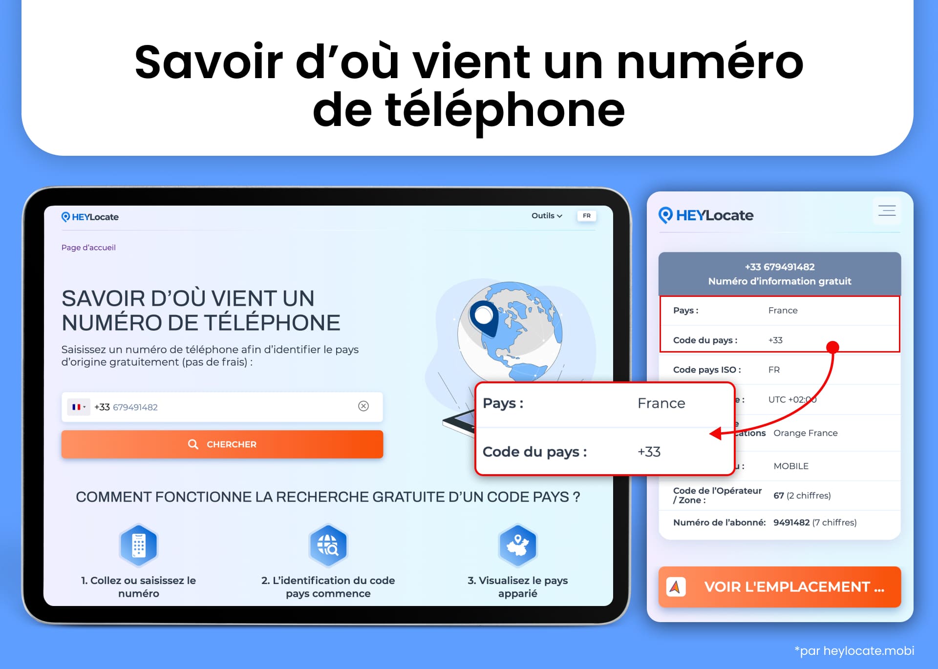 Champ de saisie du numéro de téléphone pour la recherche, à côté des résultats, mettant l'accent sur les informations du pays et l'indicatif.