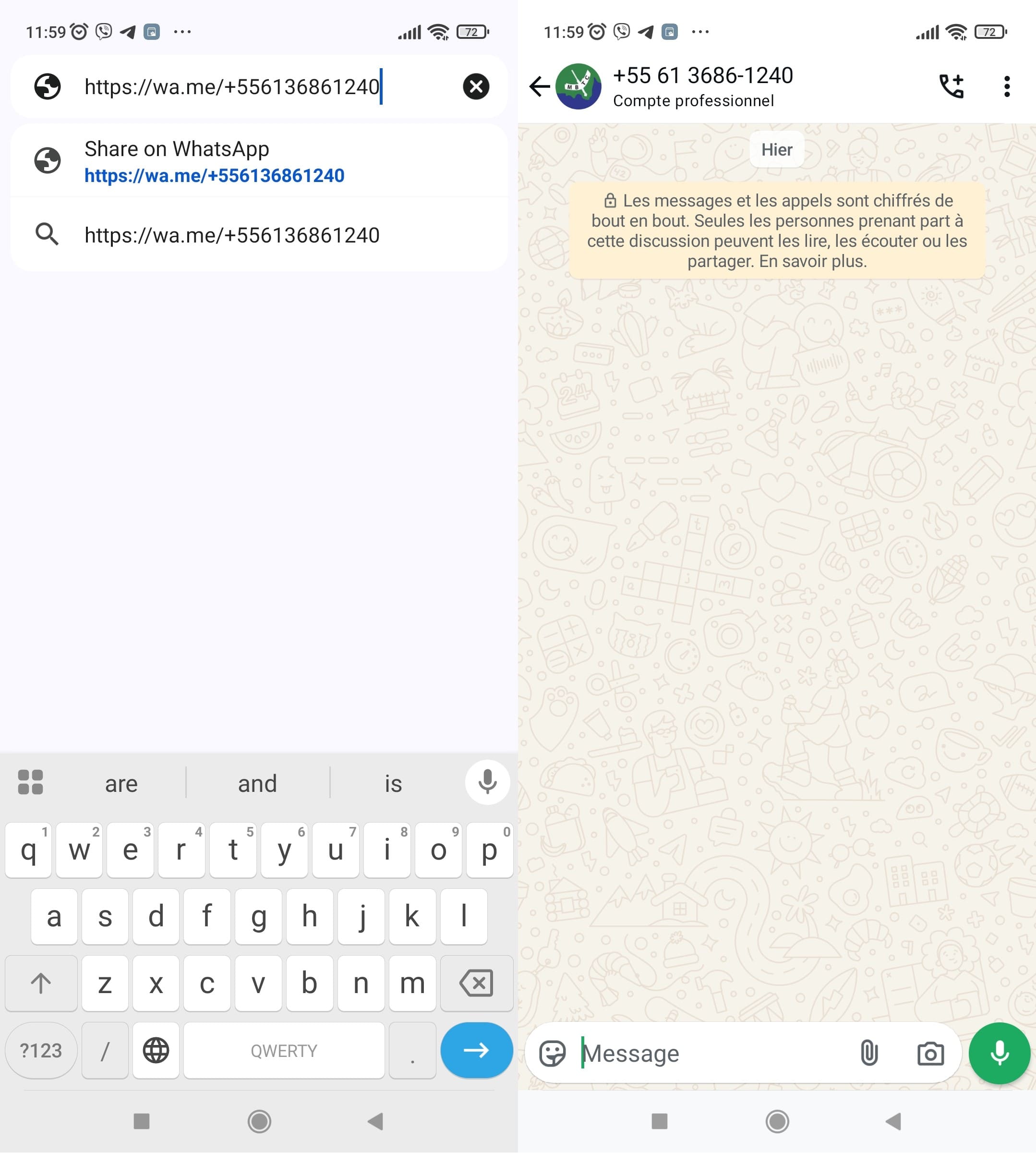 Tapez le numéro de téléphone dans la recherche Google en utilisant https://wa.me/, cliquez sur Rechercher et commencez la conversation sur WhatsApp.