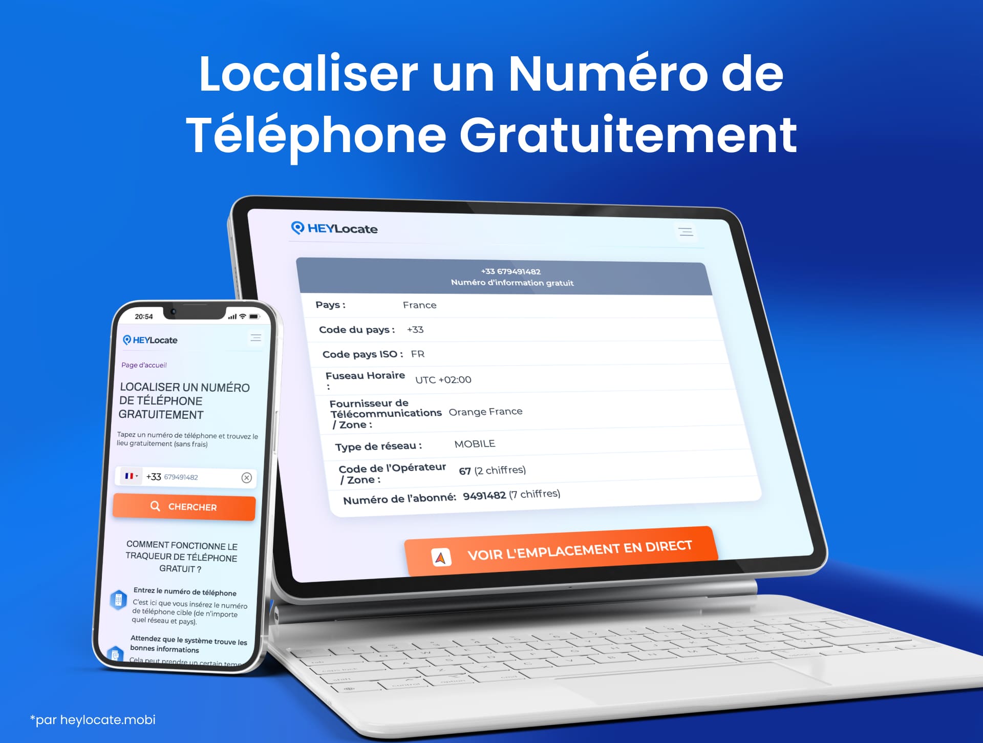 Interface de suivi de numéros de téléphone gratuite sur l'écran du téléphone, côte à côte sur l'ordinateur portable, résultats de recherche indiquant le pays, le fuseau horaire, l'opérateur, le code opérateur et le type de réseau.