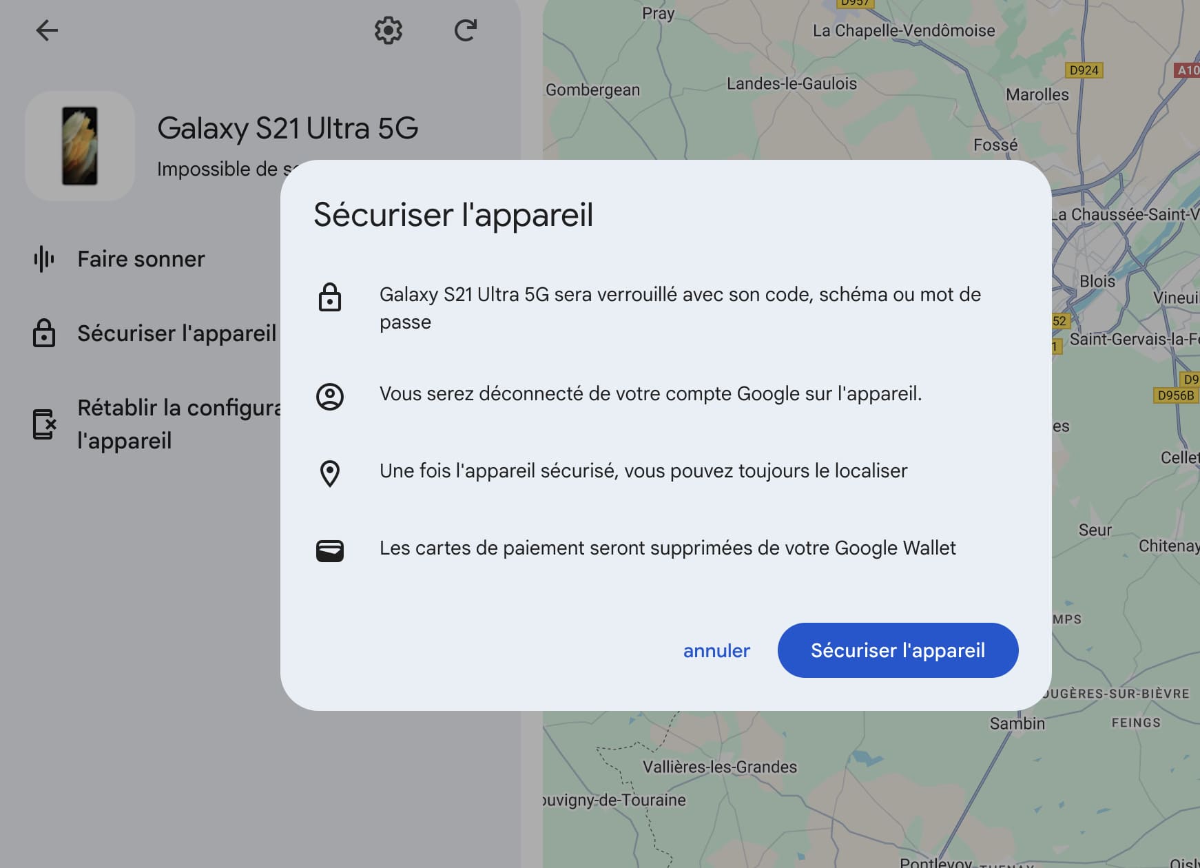 Cliquez sur Sécuriser l’appareil pour verrouiller un Android perdu.
