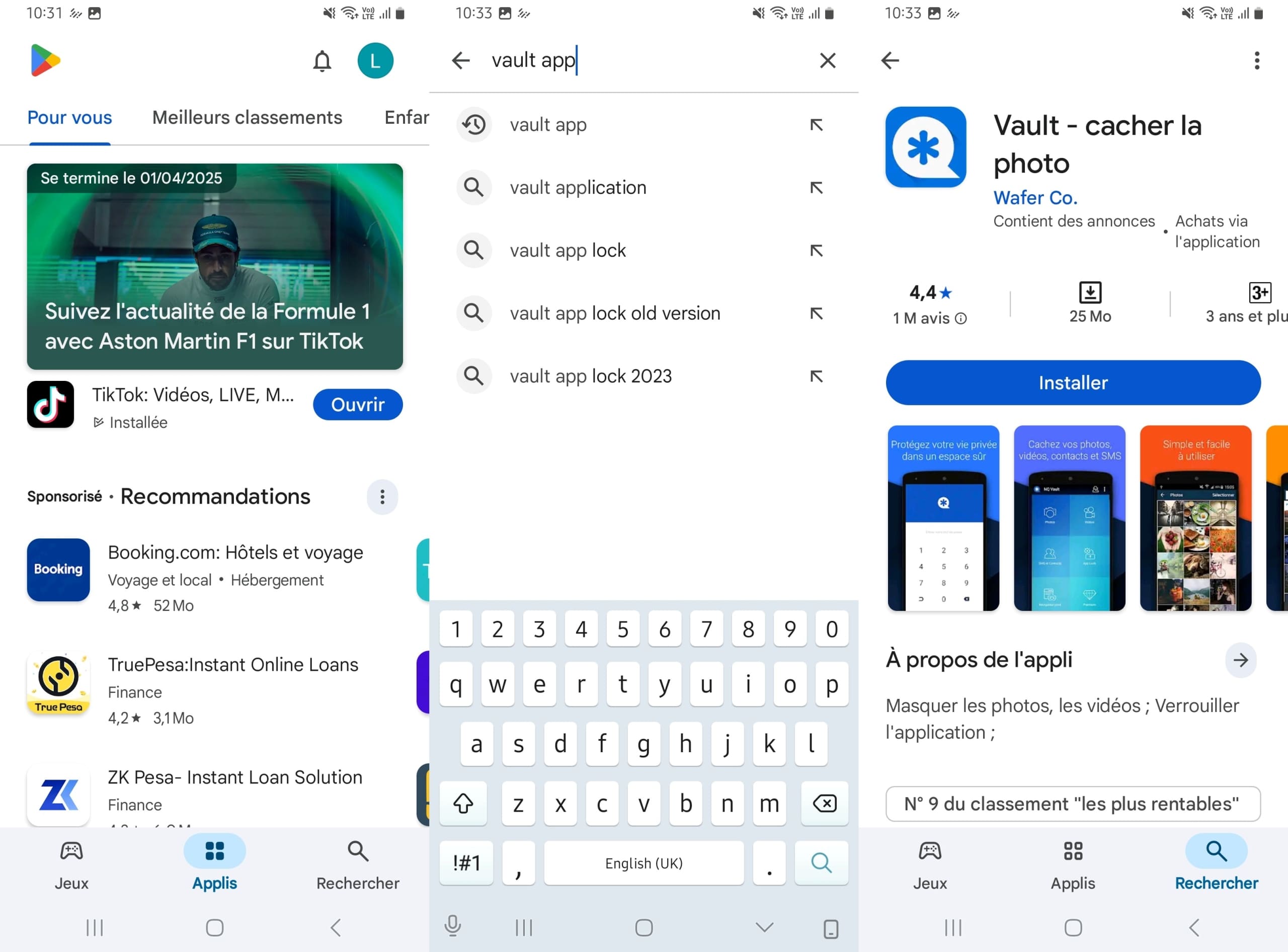 Recherche d’applis coffre-fort dans le Google Play Store.