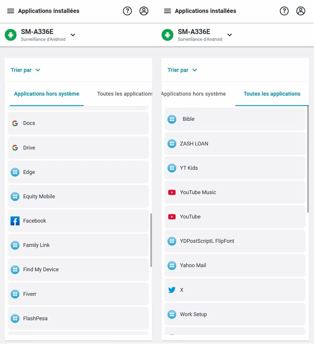 Liste des applications installées sur l'appareil cible : applications non système et toutes les applications, y compris ChatGPT, YouTube, Chrome et X.