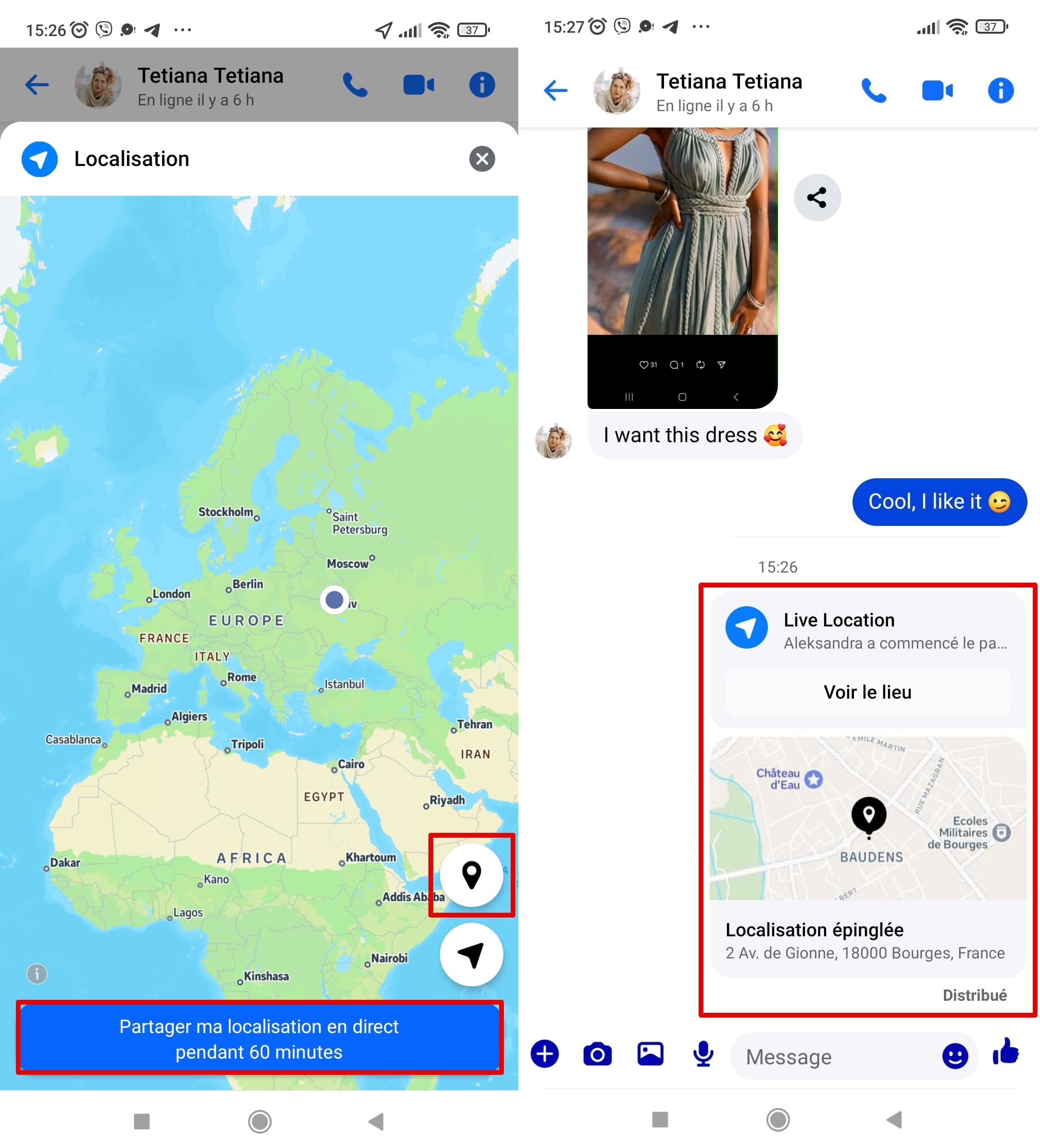 Vous pouvez appuyer sur “Partager ma localisation en direct pendant 60 minutes” ou sur l’icône de la punaise pour envoyer un point spécifique sur la carte. Une notification correspondante s’affichera ensuite dans la conversation.