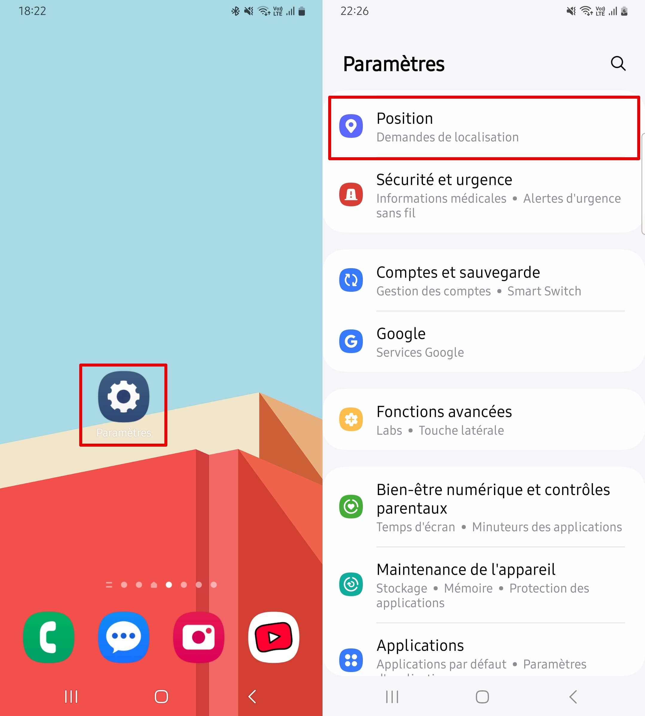 Allez dans l’application des Paramètres et sélectionnez l’icône de Position.