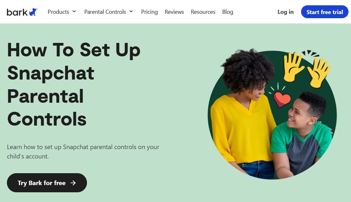 Vue de la page de contrôle parental de Snapchat sur le site web de Bark.