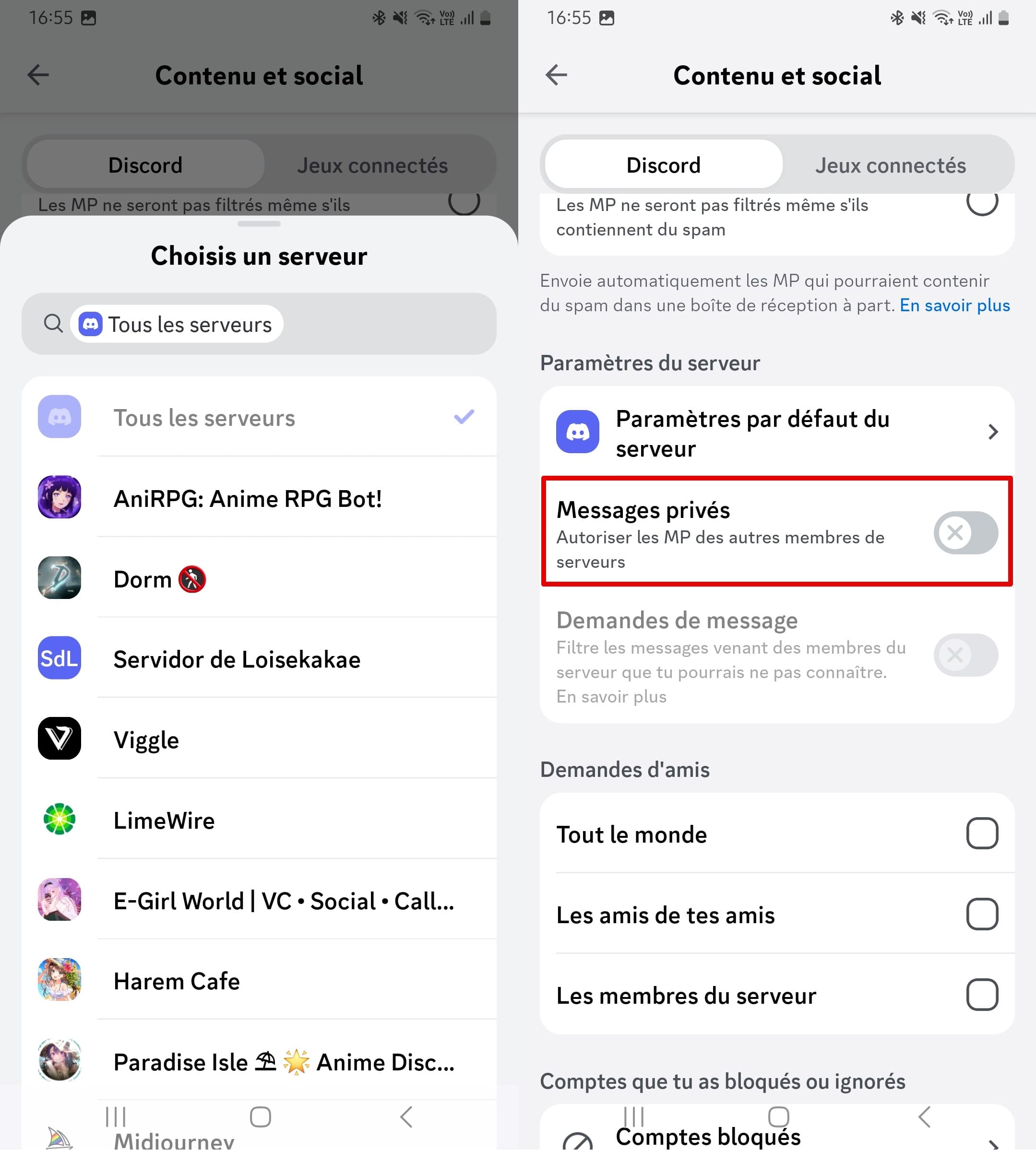 Choisissez un serveur puis désactivez les DMs de ce serveur.