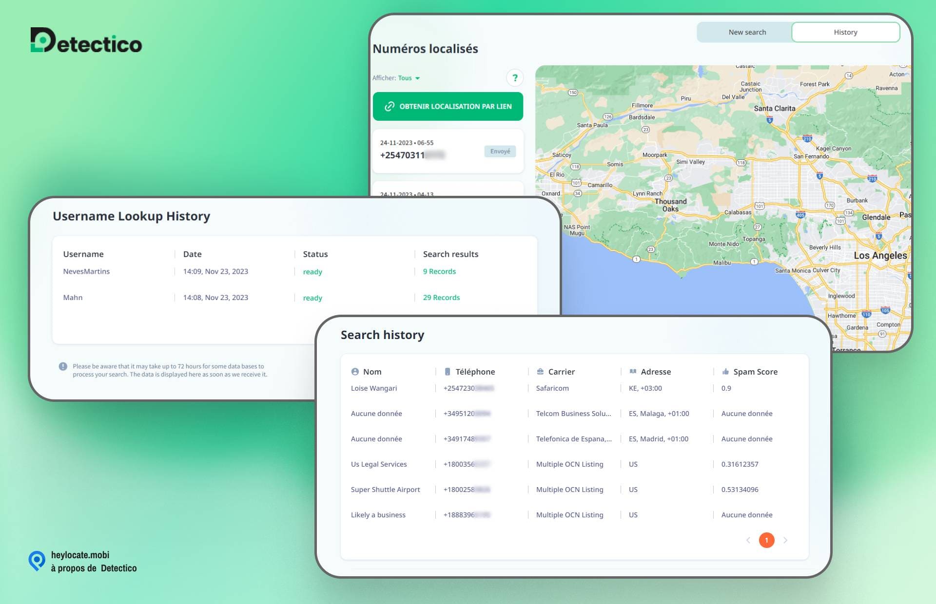 Une interface montrant les différentes fonctionnalités de suivi de Detectico. Sur la gauche, un tableau intitulé "Historique des recherches de noms d'utilisateur" répertorie les noms d'utilisateur, les dates, le statut et les résultats de la recherche. Au centre, un encart plus petit intitulé "Historique des recherches" affiche une liste de noms, de numéros de téléphone, de transporteurs, d'adresses et de scores de spam. Sur la droite, une carte avec un onglet "Nouveau lien" et "Historique des liens" au-dessus, indique le suivi géographique. Le logo de Detectico se trouve en haut, et le site web "heylocate.mobi" avec le texte "à propos de Detectico" se trouve en bas.