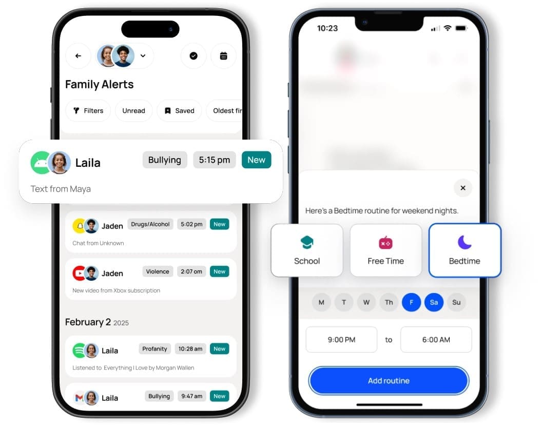 Interface de l'application mobile Bark montrant les chats et les outils permettant de personnaliser le temps d'écran.
