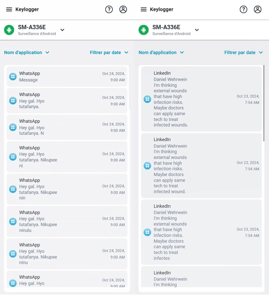 L'enregistreur de frappe affiche les frappes interceptées par les applications avec le contenu des messages et les horodatages, en utilisant WhatsApp et LinkedIn comme exemples.