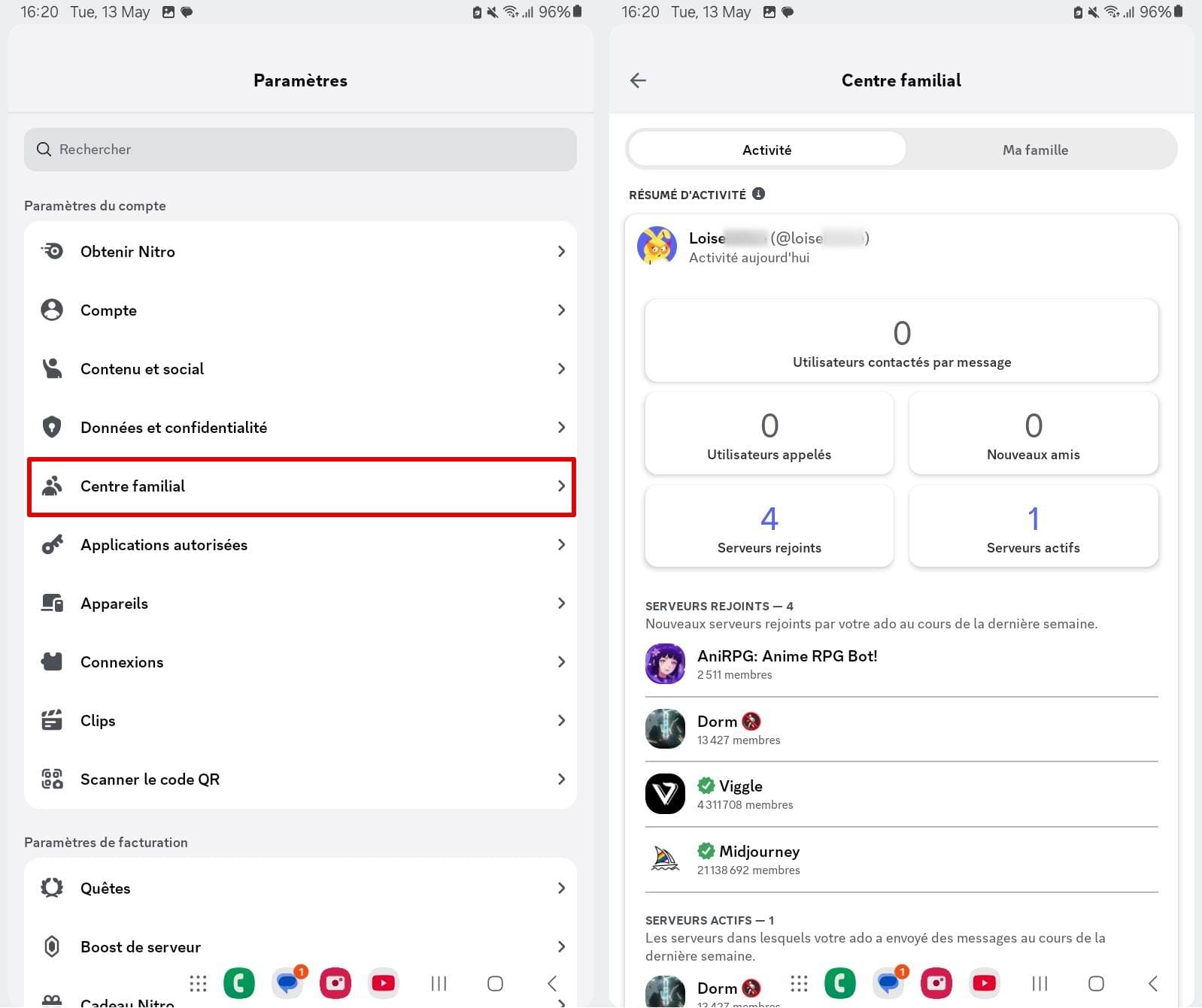 Vue d’ensemble du Centre familial mettant en évidence l’activité du compte Discord d’un adolescent.