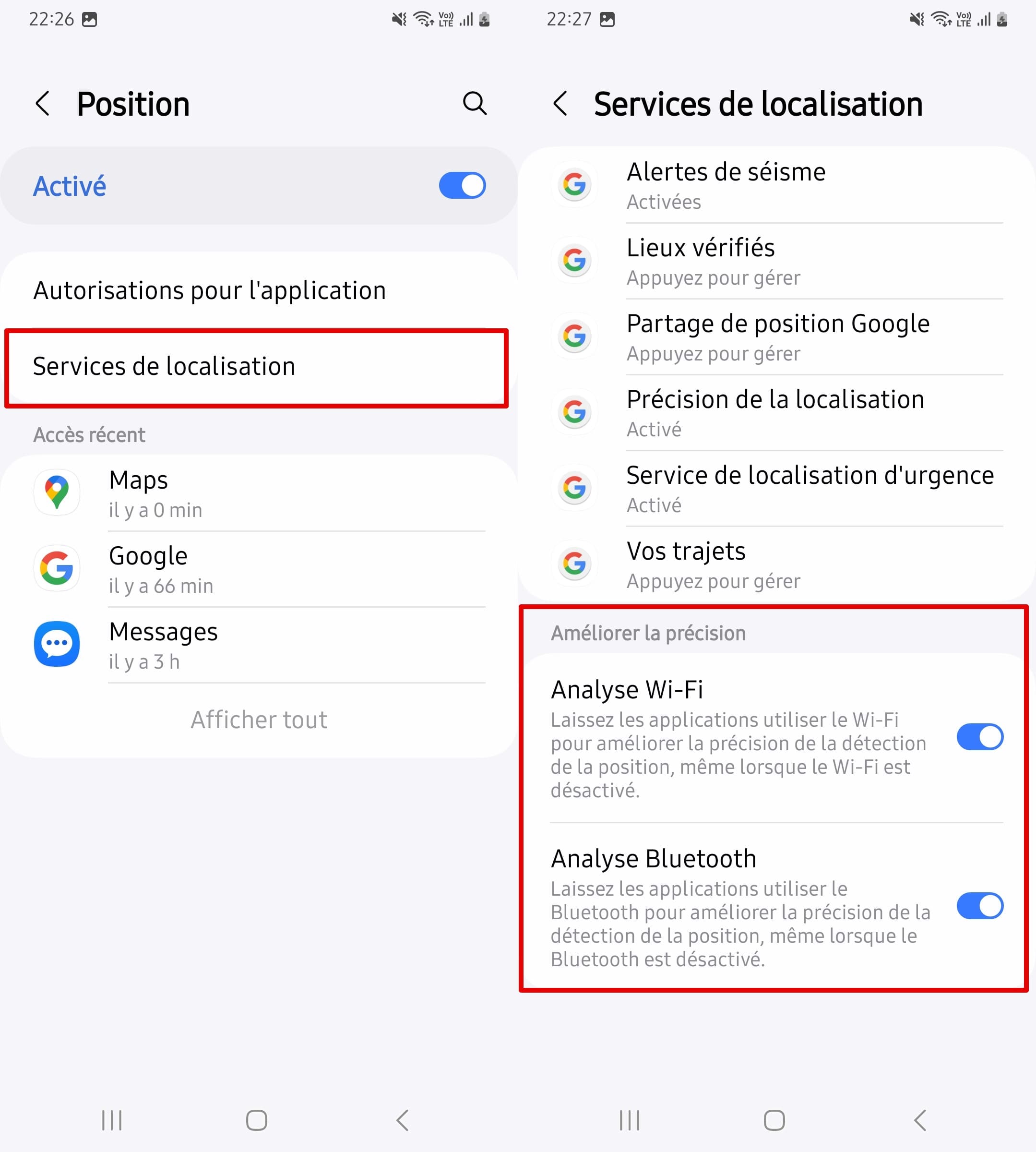 Ouvrez les Services de localisation et cliquez sur les curseurs à côté de Analyse wi-fi et Analyse bluetooth pour les activer.