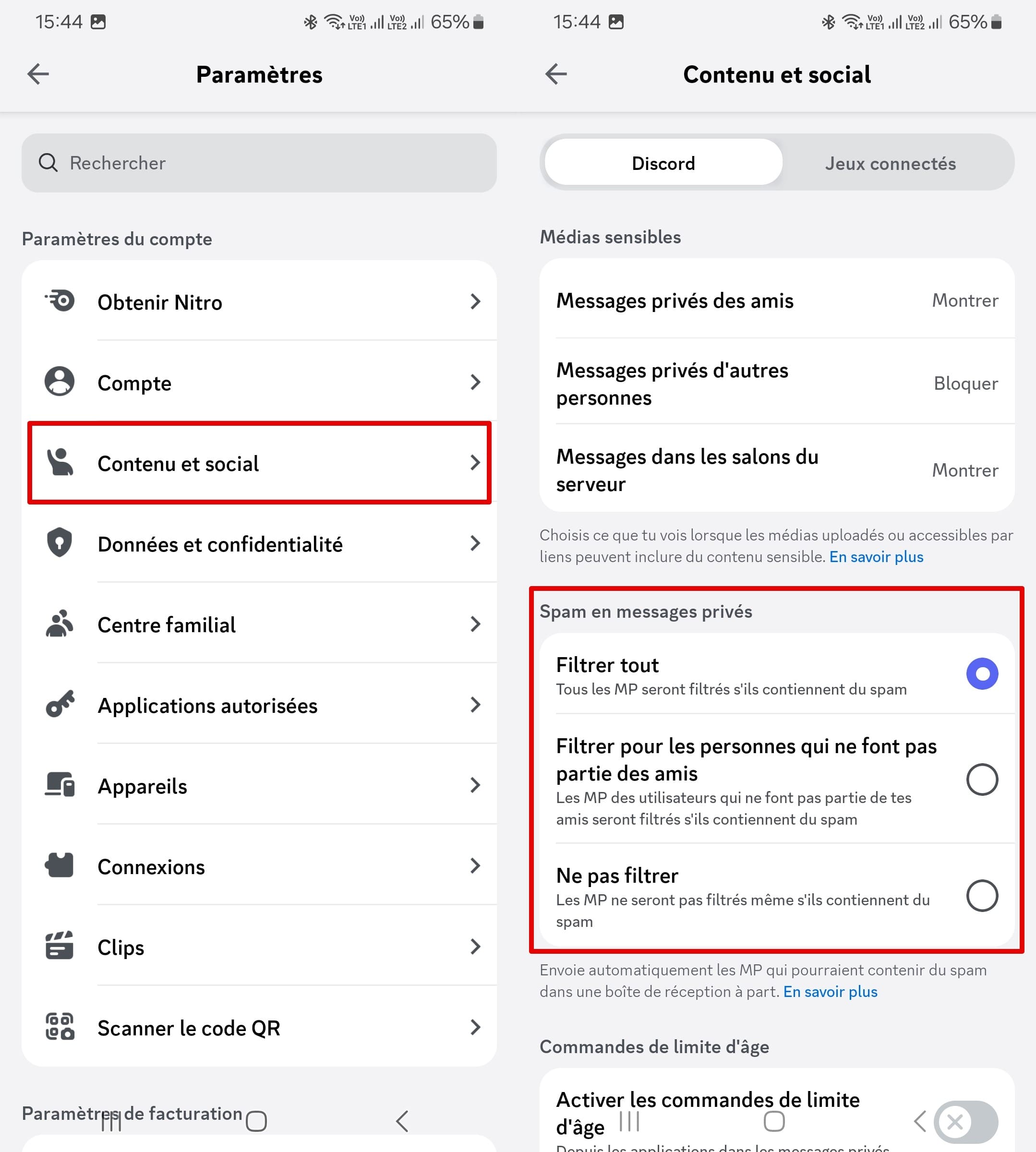 Paramètres de filtrage des spams dans la section Contenu et social