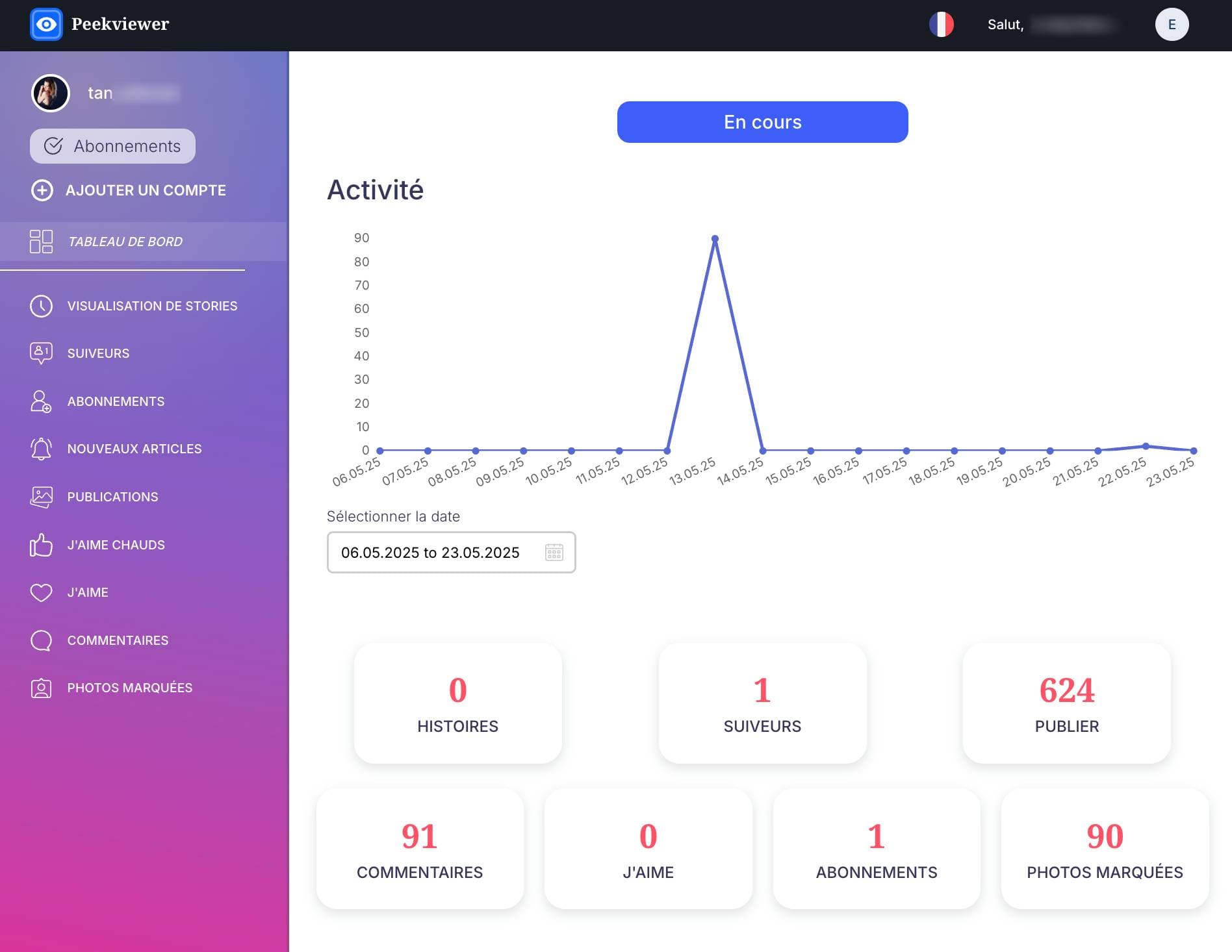 Peekviewer affiche le suivi de l'activité du compte Instagram privé.