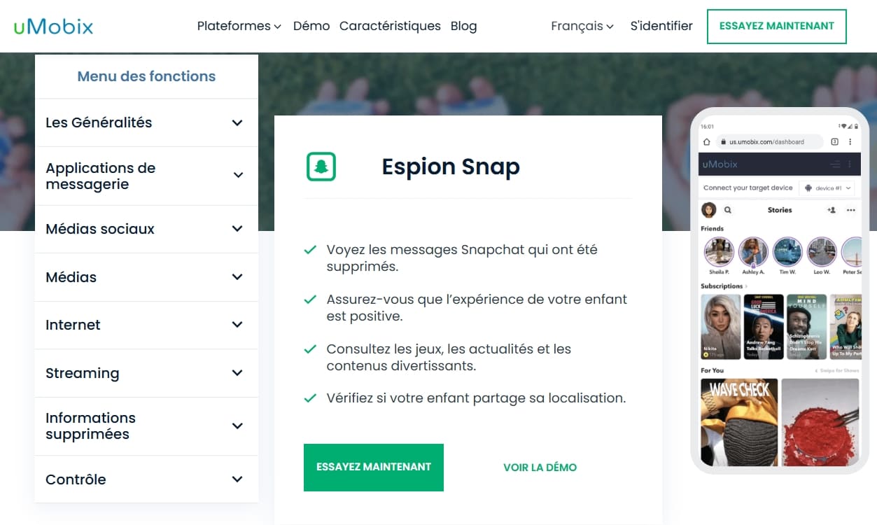 Image du site web uMobix avec les informations et les fonctionnalités de suivi de Snapchat.