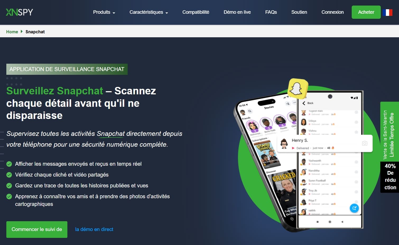 Une image de XNSPY montrant la fonction de surveillance de Snapchat
