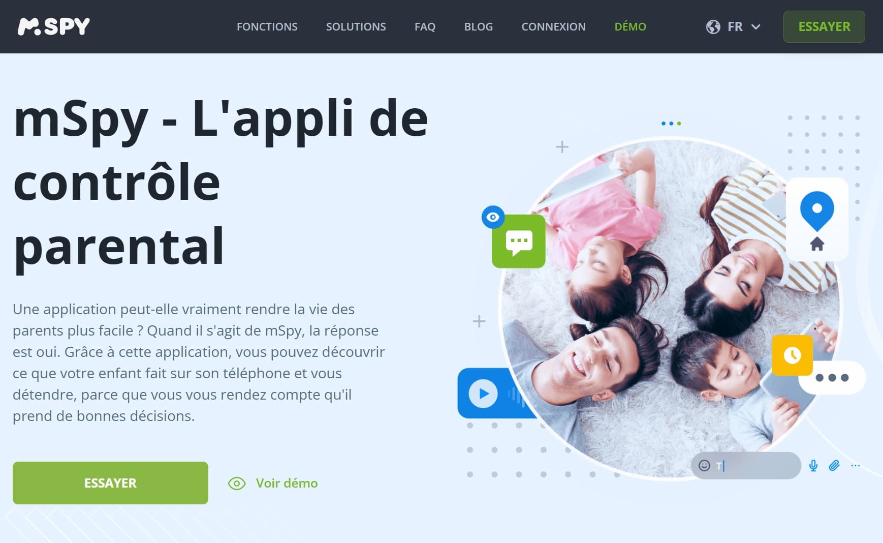 Page d'accueil de mSpy présentant une application de contrôle parental.
