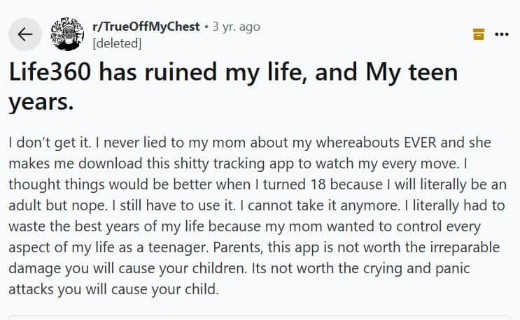 Life360 a ruiné ma vie, avis d'un adolescent sur Reddit.