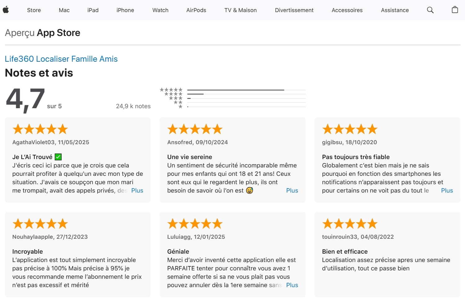 L'avis des parents de Life360 sur l'App Store montrant qu'il aide leur famille.