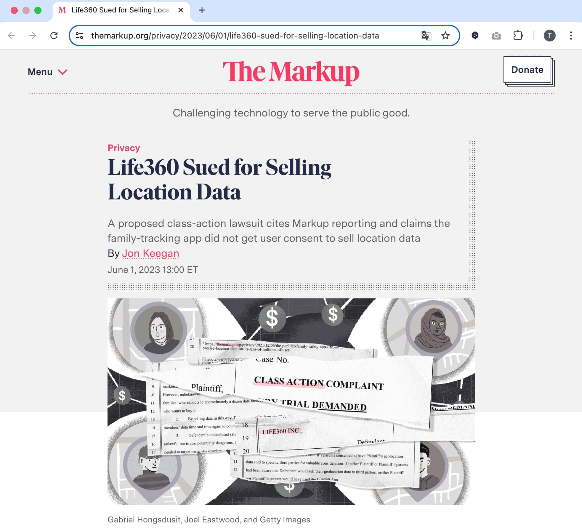 Capture d'écran de l'article intitulé « Life360 poursuivi pour vente de données de localisation ».