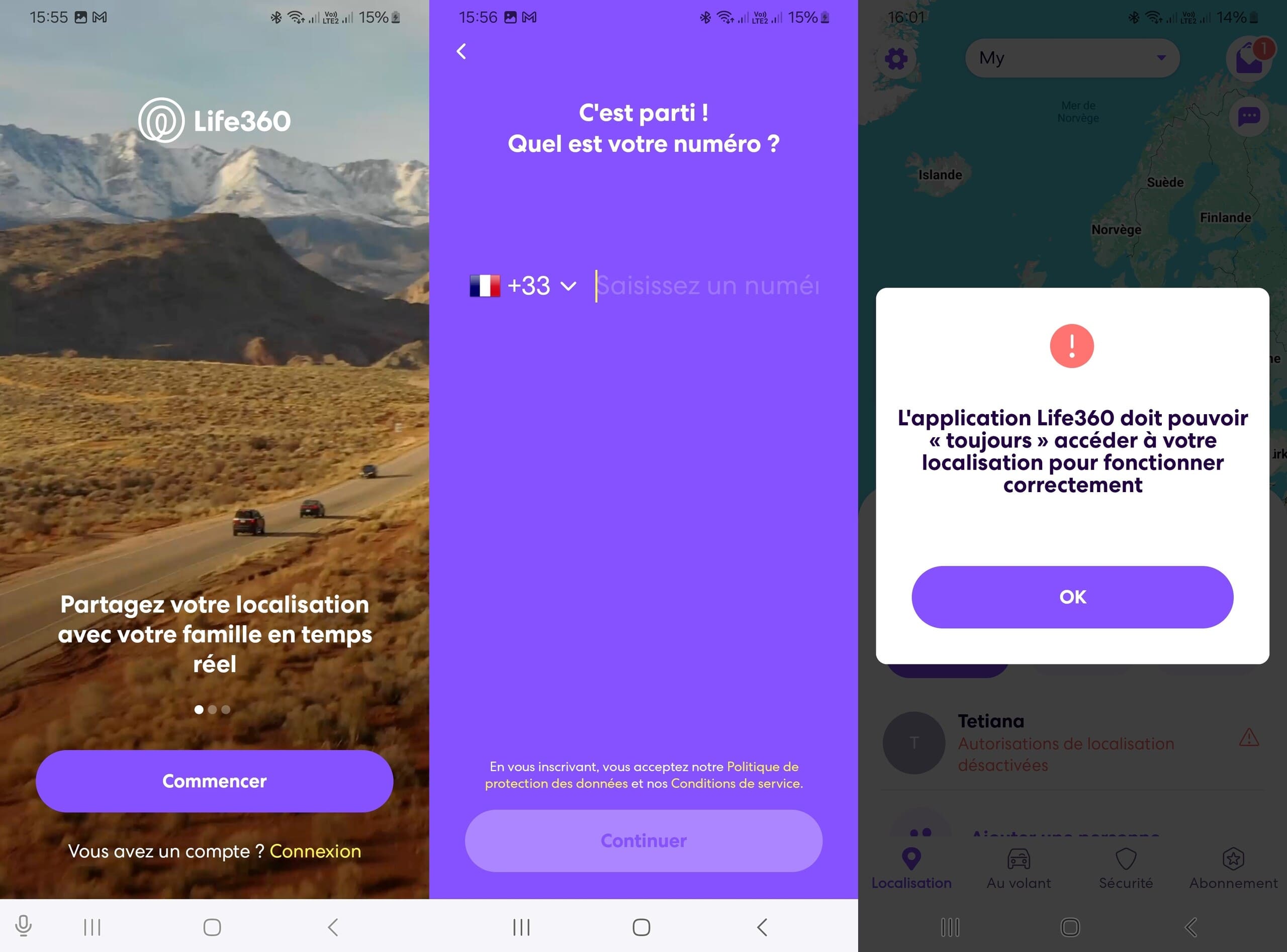 Ouvrez l’application Life360, puis cliquez sur Commencer pour débuter le processus de configuration.