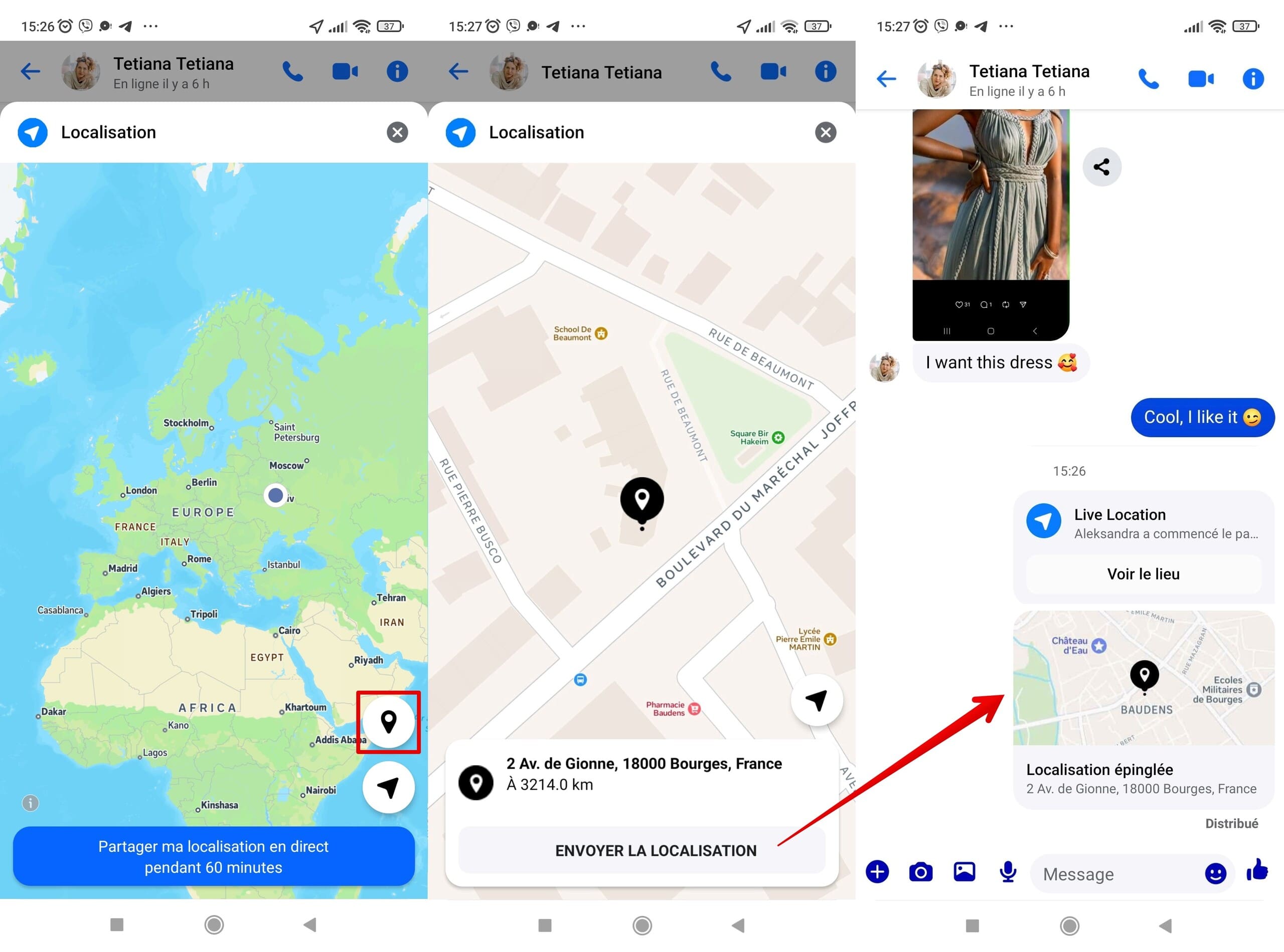 Cliquez sur Localisation dans la conversation Messenger puis cliquez sur l'icône d’épingle pour envoyer la localisation.