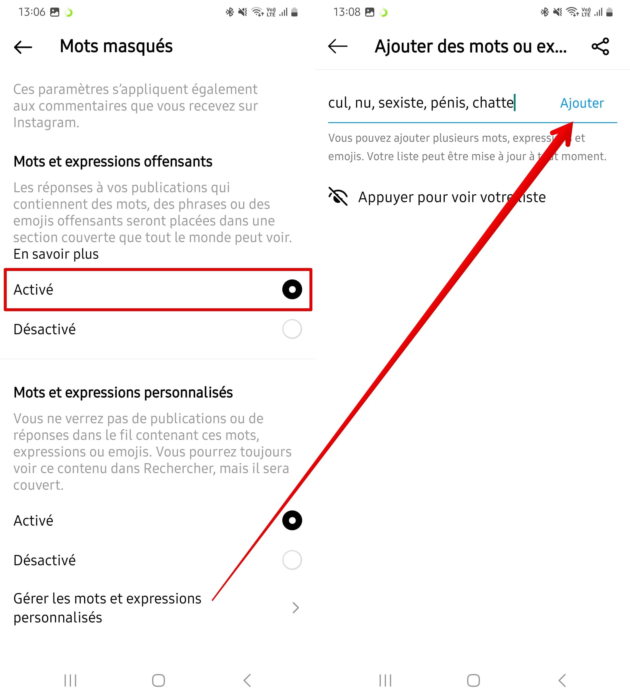 Gérer les mots et expressions personnalisés, et ajoutez les mots à masquer du flux de contenu de Threads.