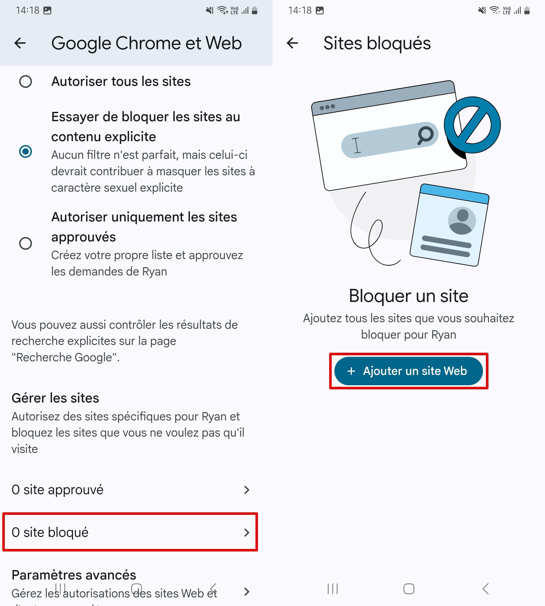 Ajoutez un site internet à la liste des sites bloqués en cliquant sur + Ajouter un site Web sous Sites bloqués.