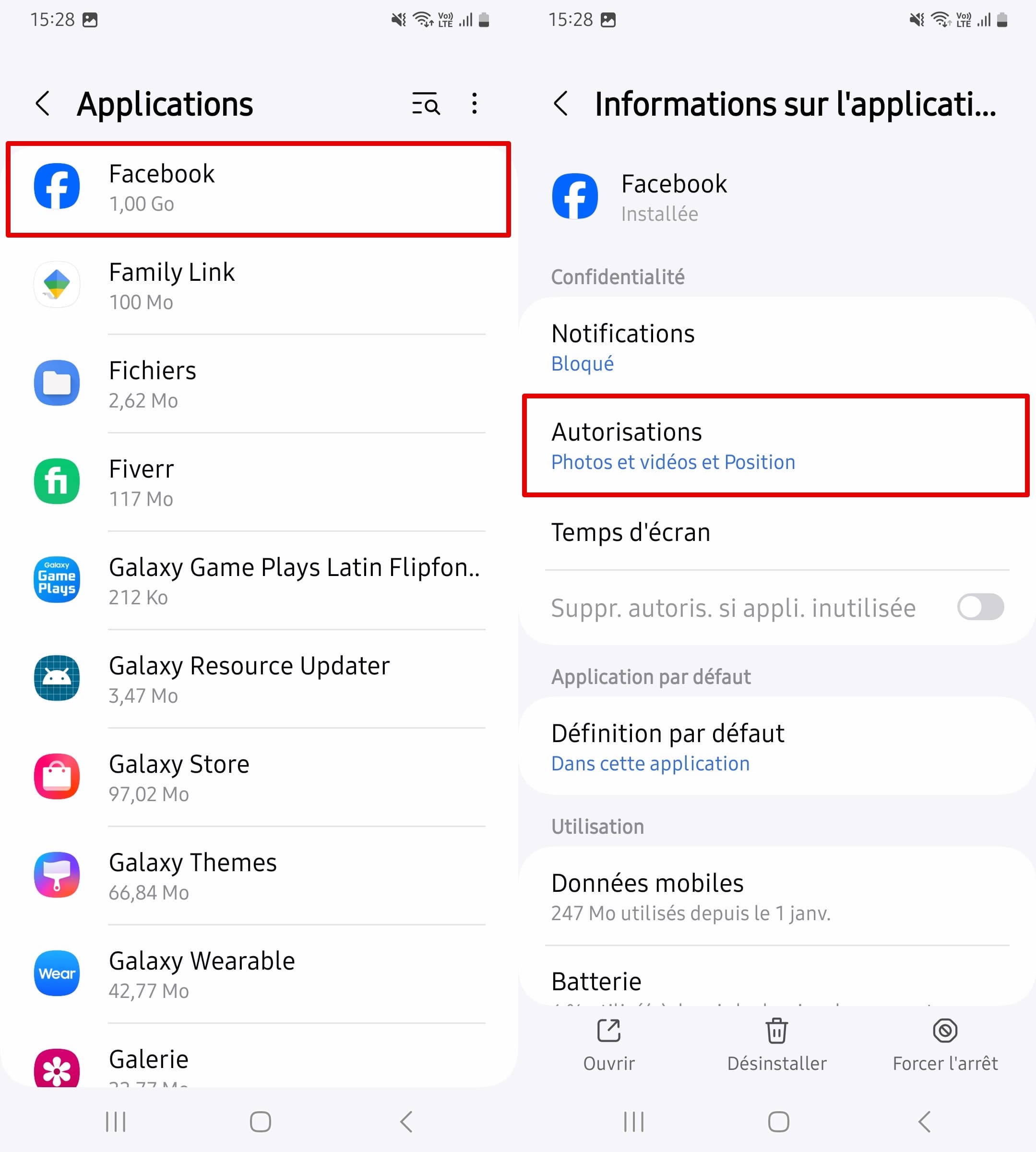 Cliquez sur l’application Facebook pour voir les informations sur l’application.