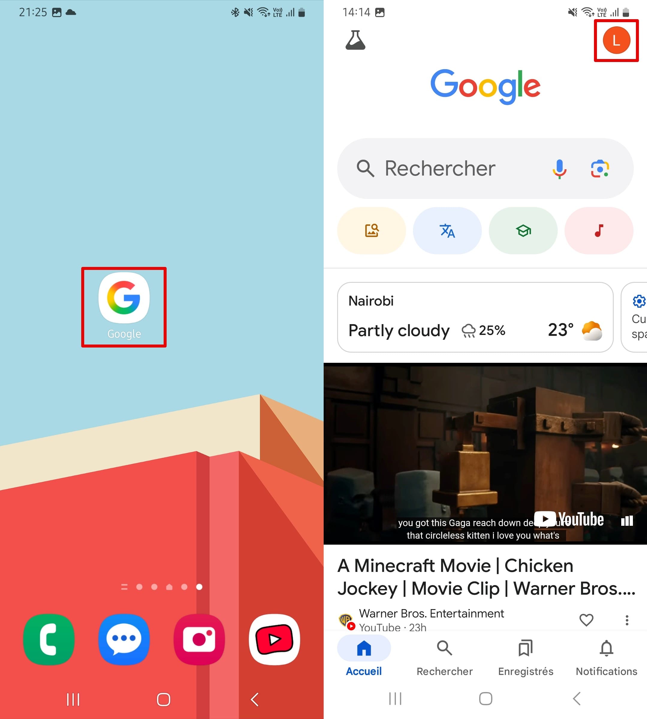 La page d'accueil de l’application Google